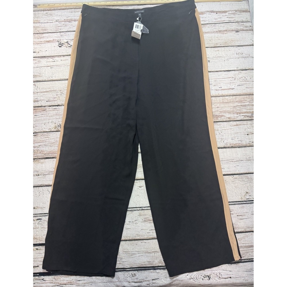 EILEEN FISHER Signature 100% Silk Georgette Crepe Pants Black Brown Size 18 NWT